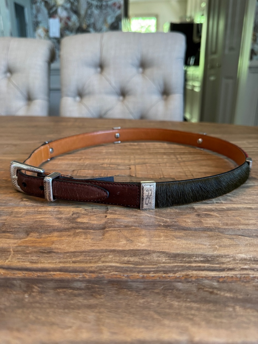 Brighton Multi-Color Pony Hair Silver Concho Leather Belt Sz 32 / M - Picture 6 of 11